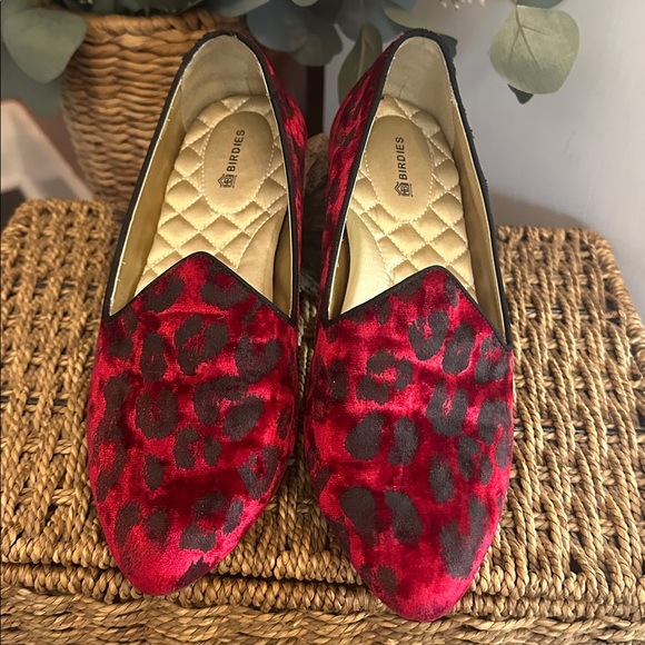 Birdies The Heron Red Black leopard print velvet quilted sole 7.5 Loafers - Picture 2 of 12
